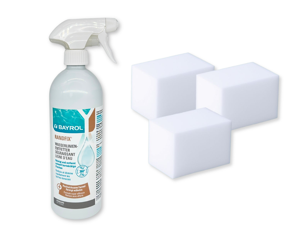 BAYROL Set Randfix 0,70 Liter Spray & BAYROL Reinigungsschwamm (3 Schwämme) I Sprühreiniger | flüssiger Reiniger mit Schwamm | für Schmutzränder