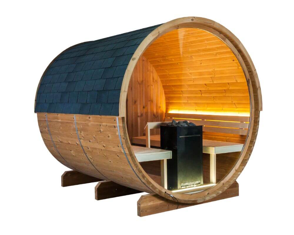 Harvia KASKI Fasssauna montiert | Außensauna Outdoorsauna für ein besonderes Sauna Erlebnis