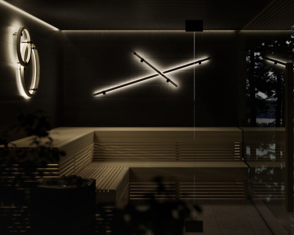 Tylö Silhouette Ring & Line Sauna-Lampen, Espenholz, dimmbar, 6 Varianten