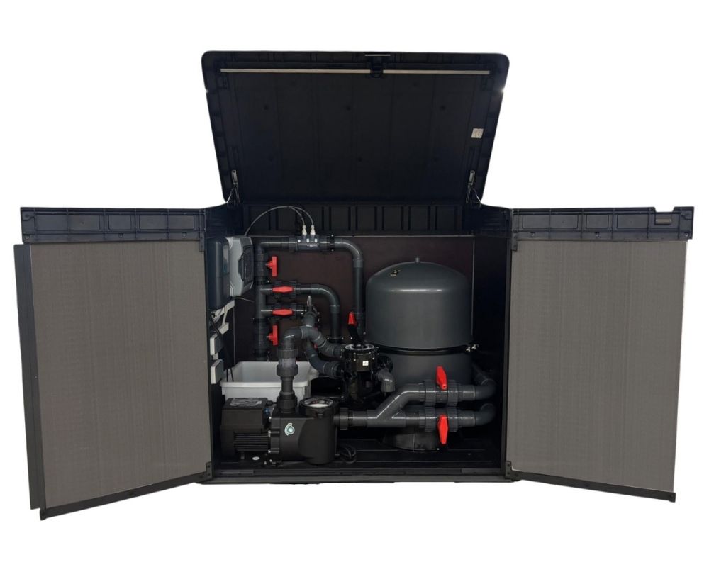 TrendPool Technikbox Classic L | Pooltechnik-Box mit Filtertechnik und Dosiertechnik | komplett vormontiert mit Steuerkasten und Verrohrung