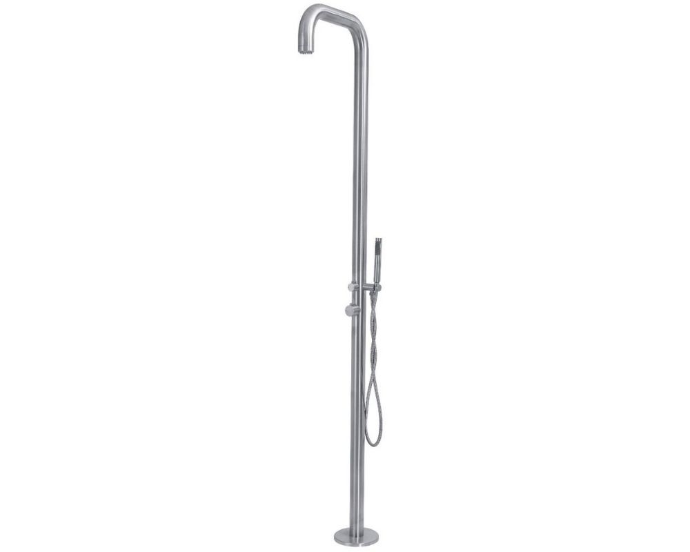 OKU Gartendusche Edelstahl V4A gebogen Gartendusche Pooldusche Kopf-/Handbrause Warm‐ und Kaltwasseranschluss