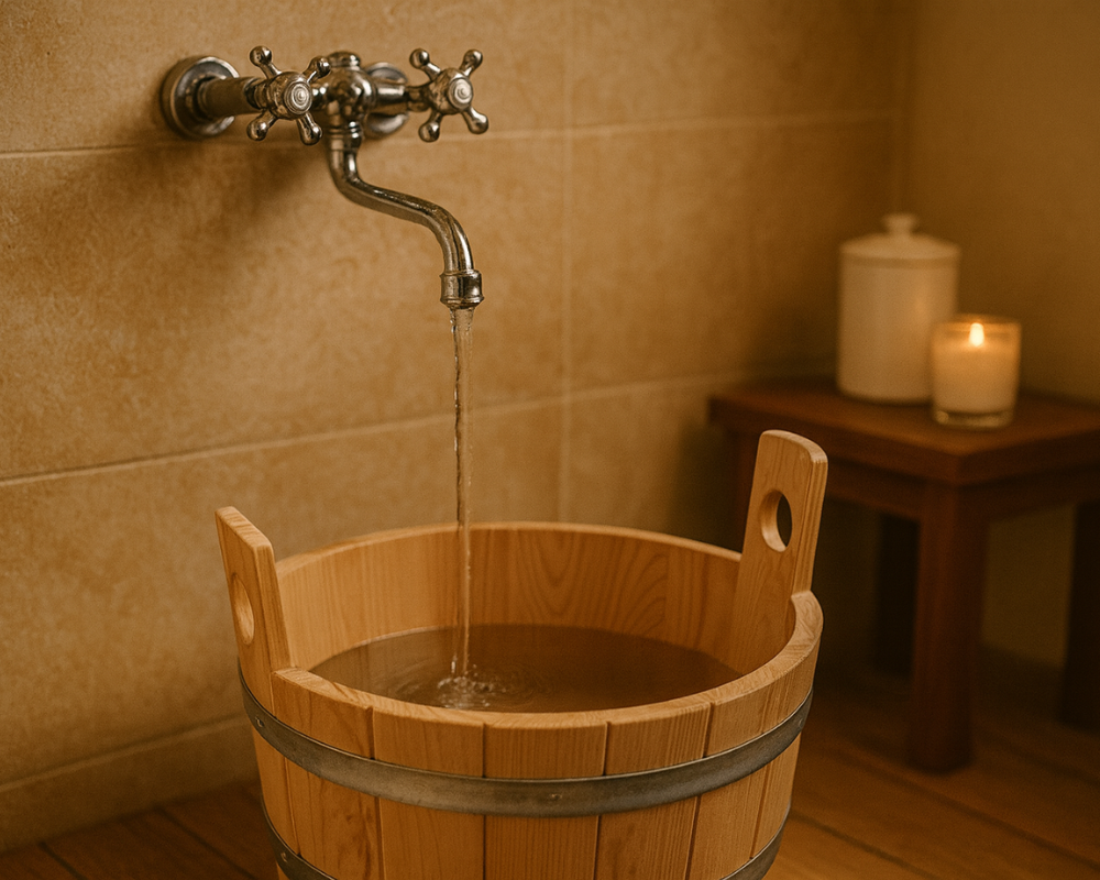 Fubadewanne Standard aus Holz Lrche natur mit Kunststoffeinsatz | ESTA  Pool-Shop