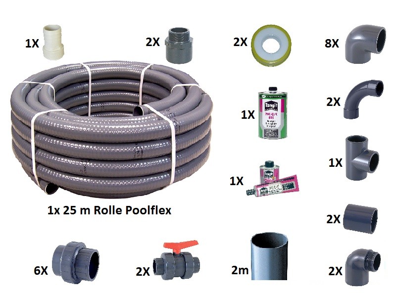 VERROHRUNGSSET 50 Mm Poolflex Fittinge Kleber PVC Rohr Poolbau verrohrungsset-50-mm-poolflex-fittinge-kleber-pvc-rohr-poolbau
