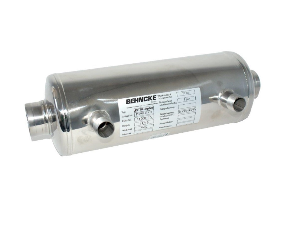 Behncke AWT 100-40 Schwimmbad Wärmetauscher 40 kW | AWT-40 45 kW bei 90° Vorlauf | Poolheizung zum Anschluss an das Heizsystem | Edelstahlmantel